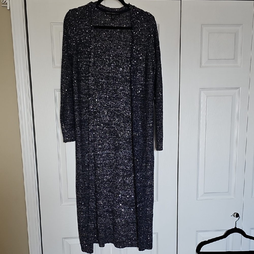 White House Black Market Navy Blue Sequin Cardigan Long Line Size Medium